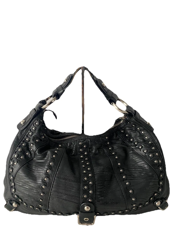 Bolso de Hombro Hobo de Cuero Isabella Fiore Tachonado Negro Plata Grande De Colección Foto 2 de 4