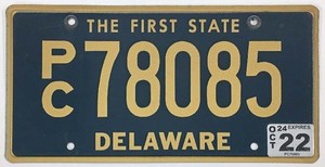 Delaware 2022 The First State License Plate PC 78085 in Very Good Condition