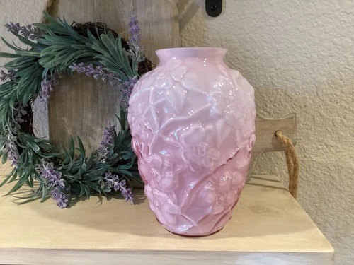 Vintage Fenton Pink Overlay Cased Glass Dogwood Vase with Label Sticker 7” Tall