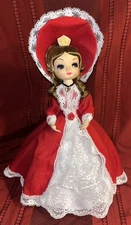 Big Eyed Bradley Doll CHRISTMAS GOWN/BONNET Girl Musical Sankyo Japan WORKING