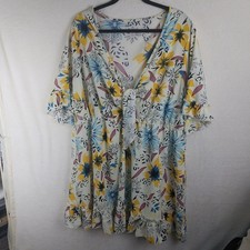 Curve Floral Mini Dress Womens 5XL Yellow Blue Ruffle Tie Front floaty