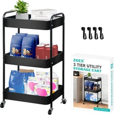 3 Tier Rolling Cart, Metal Utility Cart with 4 Hooks, Rolling Storage Cart on Wh