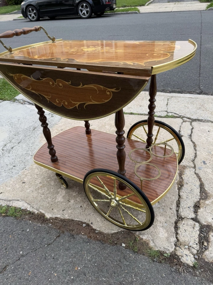Carro de bar/postre hoja caída de dos niveles de marquetería italiana vintage años 70 Foto 2 de 4