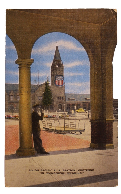 Post Card, Union Pacific Rail Road Station, Cheyenne, Wyoming, Man with Pipe