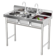 3-Compartment Sink Bowl Kitchen Stainless Steel Catering Prep Table Washing Sink