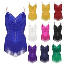 Women Costume ChaCha Dress Mini Bodysuit Fringe Unitard Ballroom Dancewear Jazz