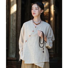 Chinese Hanfu Cotton Linen Cardigan Shirt Woman Kimono Jacket Solid Color Tops