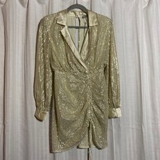 ASOS Sequin Mini Dress Champagne Gold Ruched Faux Wrap Open Back 0 Cocktail