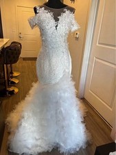 White Mermaid Wedding Dress Lace Feather Off-Shoulder Corset Back Train