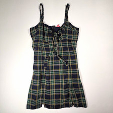 GUESS Women's Navy/Green/Yellow Plaid Mini Dress Cotton Woven Sleeveless L