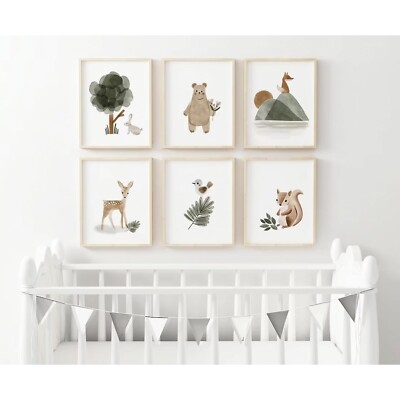 Woodland Nursery Wall Art Decor Set of 6 Animal Canvas Wall Decor Pictures Ba...