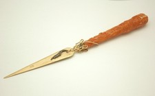 Carved Coral and 9kt Gold Paper Cutter/Paper Leafer with rubies and diamonds