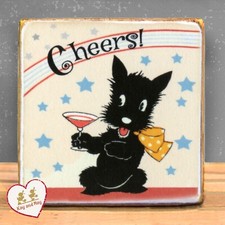 Scottie Dog with Champagne vintage style shelf sitter wood sign decor WB-148