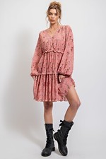 Easel Floral Balloon Sleeve Tiered Mini Dress in Coral Pink