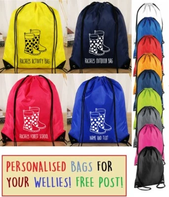 Personalised Wellie boots bag Drawstring PE school Wellingtons kid boy girl name