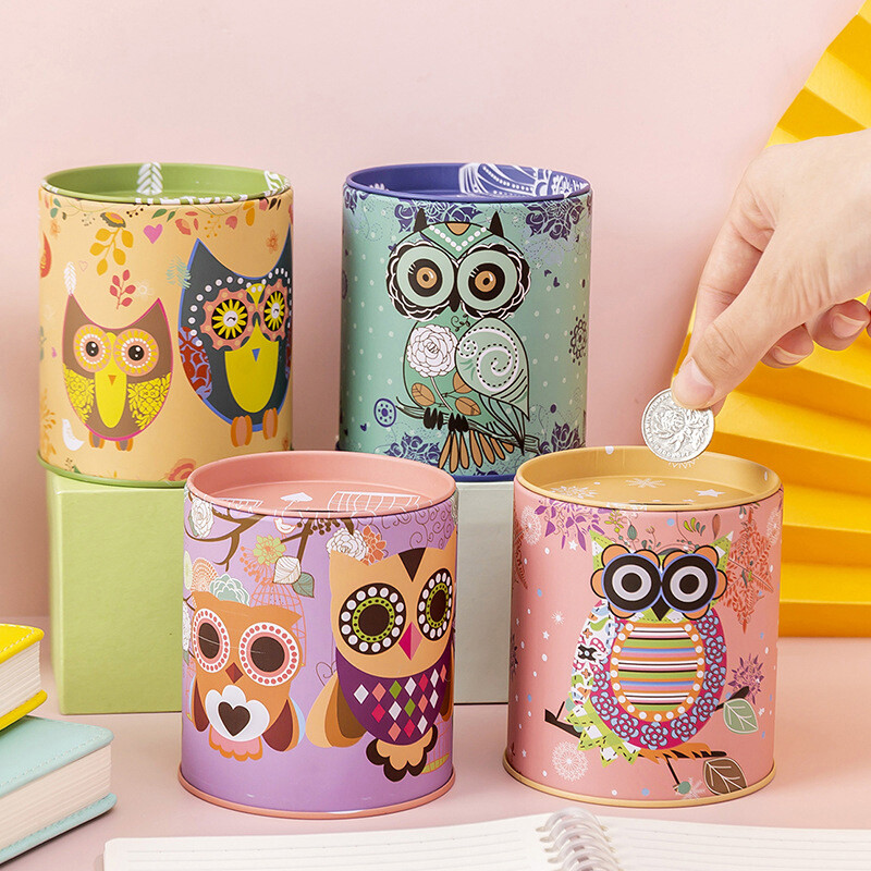 Owl Metal Piggy Bank Coin Box Jewelry Storage Mini Tin Gift Cute Organizer
