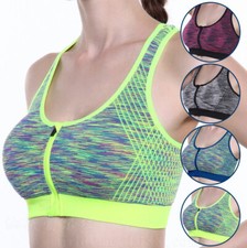 Women's Ladies Front Zip Sports Bra High Impact Push Up Wireless Padded Vest UK