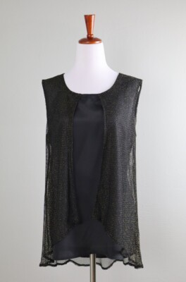 #ad CACHE NWT $98 Gold Sparkle Mesh Layered Tiered Black Tank Top Size Small $11.99