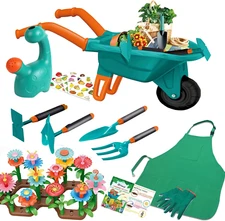 16Pcs Kids Gardening Tools Outdoor Toys Set Backyard Play with Wheelbarrow, Apro