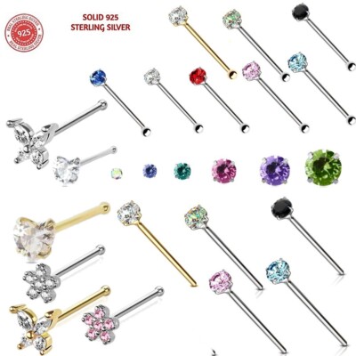 925 Sterling Silver Straight nose bone Stud Ring 1MM  1.5MM 2MM 2.5MM CZ 24G