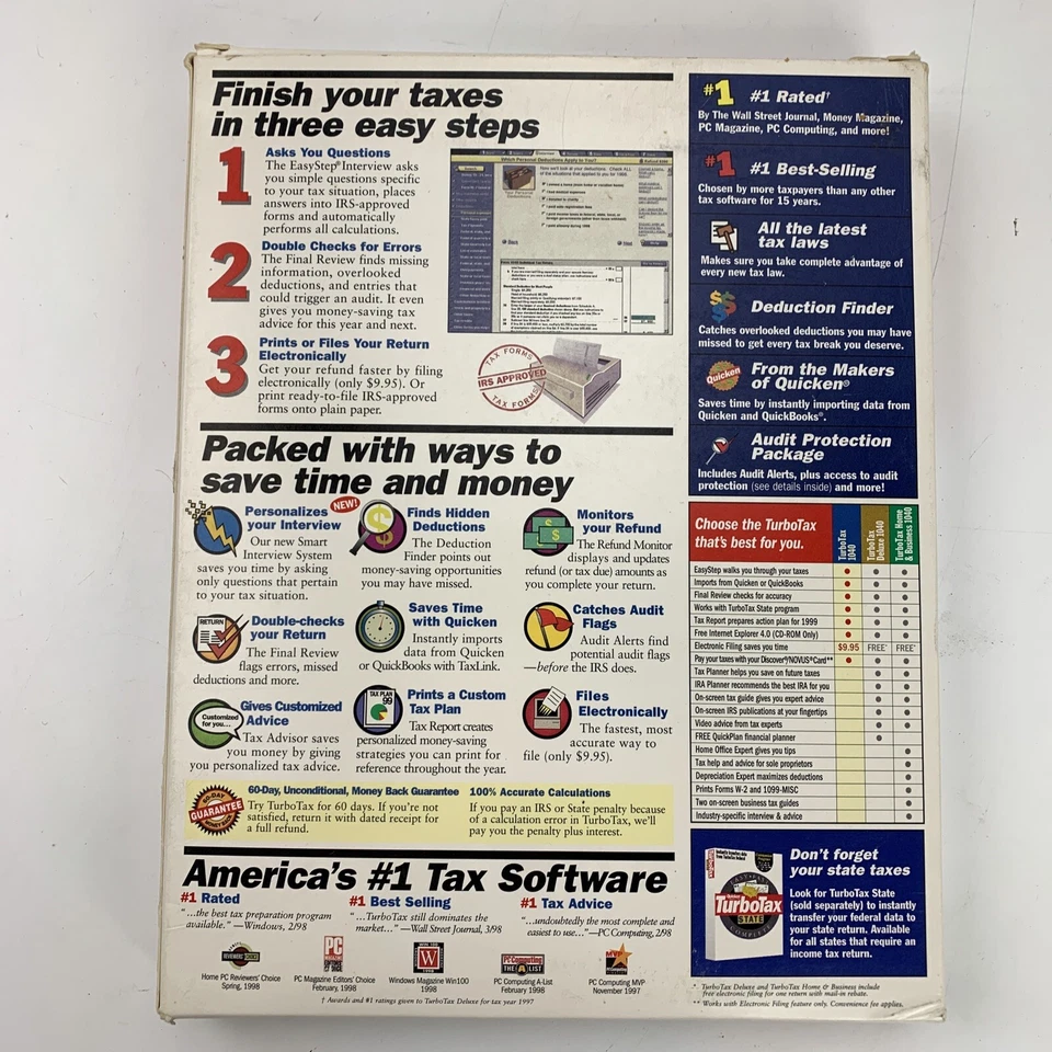 Quicken Turbo Tax Vintage 1998 PC CD-Rom Big Box - Image 2 of 4