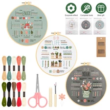 3 Sets Embroidery Starter Kit for Beginners Adult Cross Stitch Stamped DIY Craft