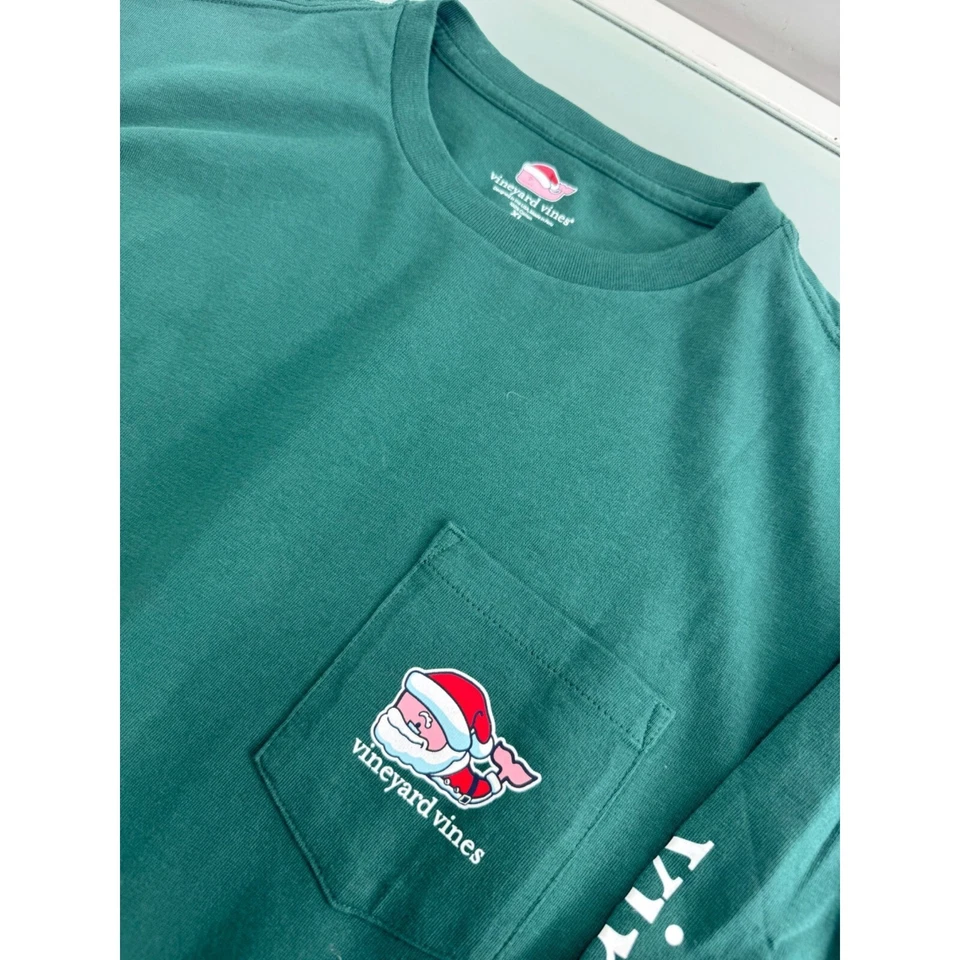 Vineyard Vines Boys Christmas T Shirt Green Santa Claus Long Sleeve Youth XL 18 - Image 4 of 4
