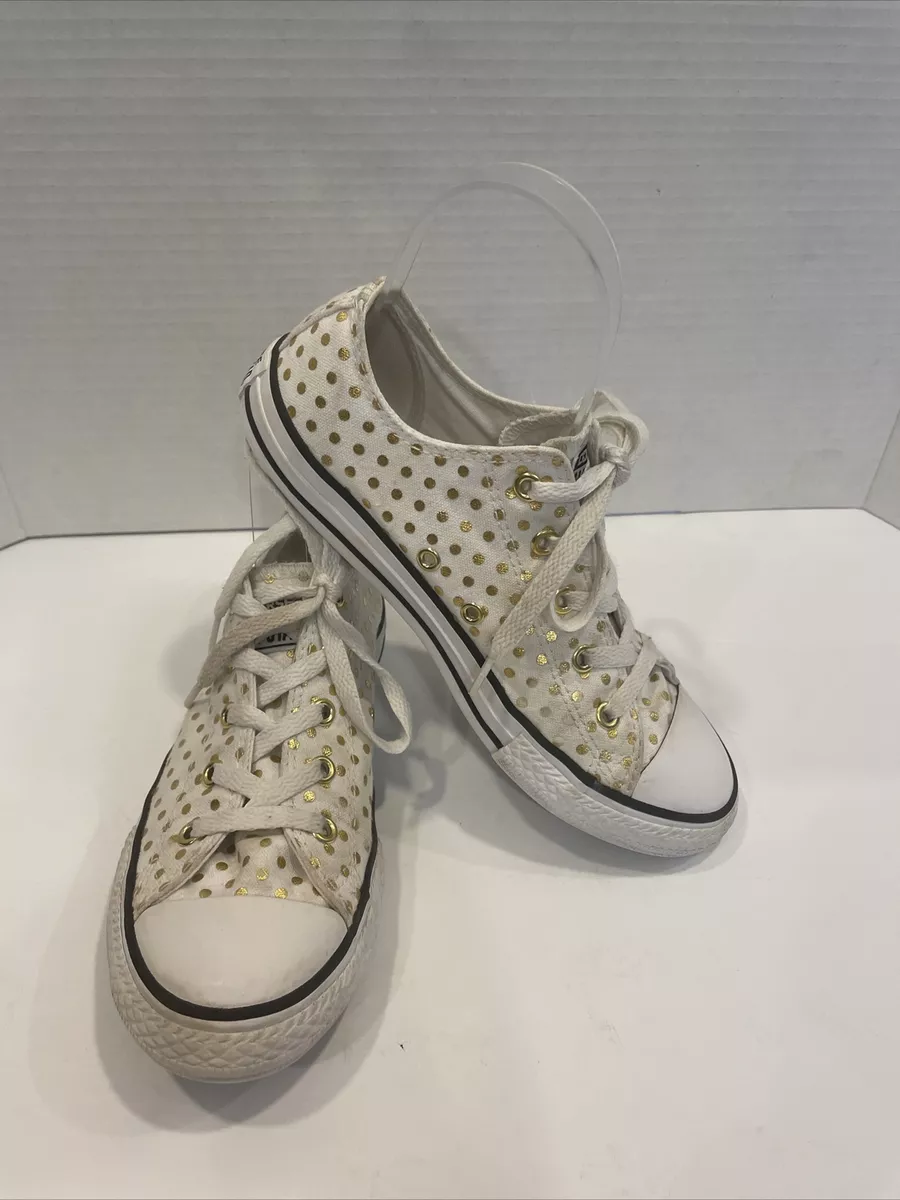 Converse White Sneakers With Gold Polka Dots Girls Size 3 eBay