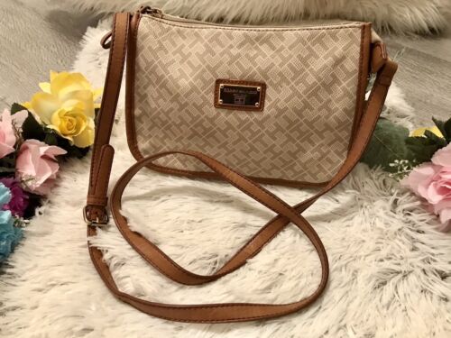 Vgt Tommy Hilfiger 20781 tan Brown/White Signature TH Logo Crossbody Bag canvas