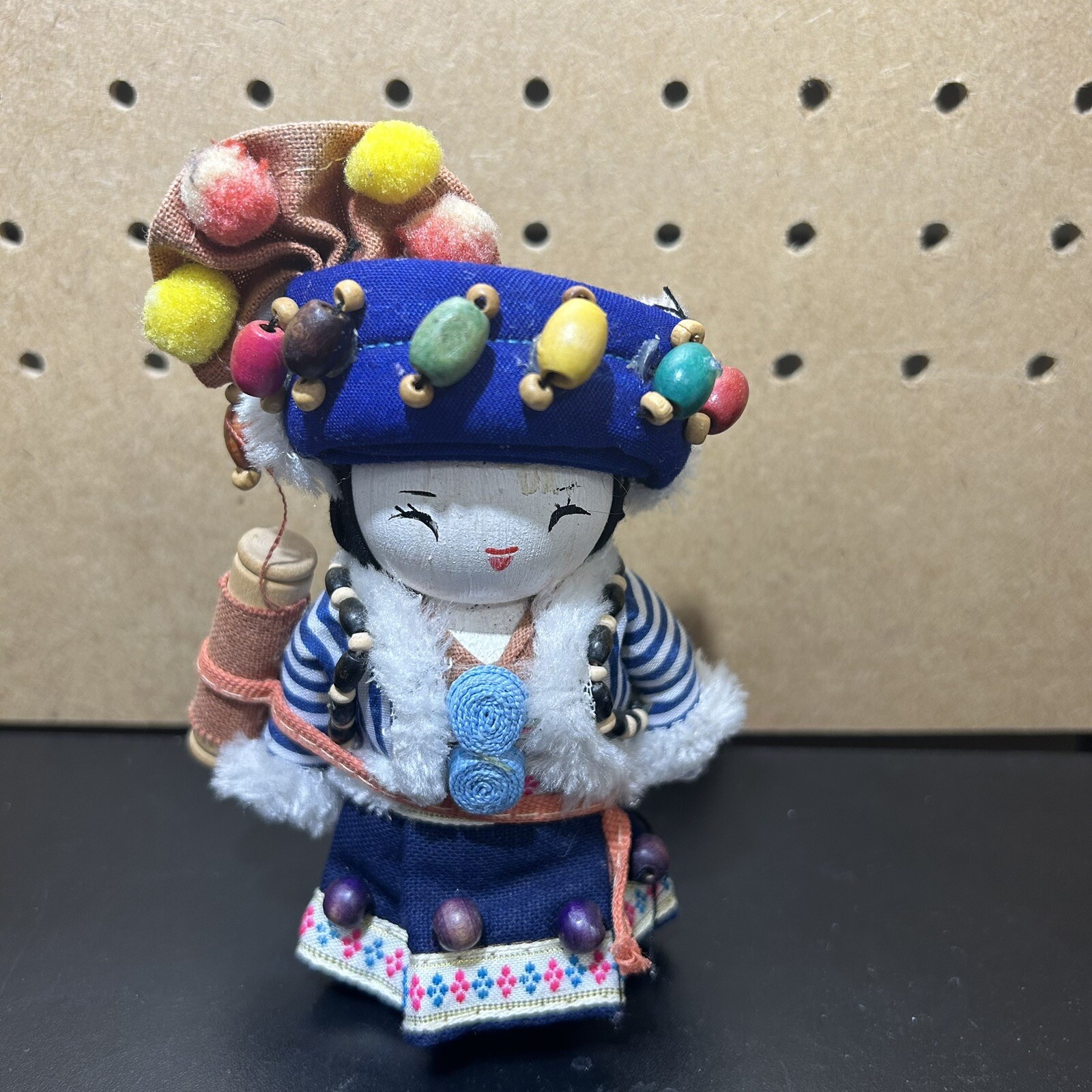 | Vintage | Hmong Doll - Hand Painted Wooden Traditional Costume - Handmade