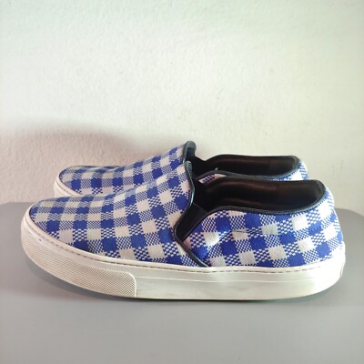 Celine Paris Womens Slip On Blue Plaid Canvas Sneakers Shoes Sz EU 39 US 8.5