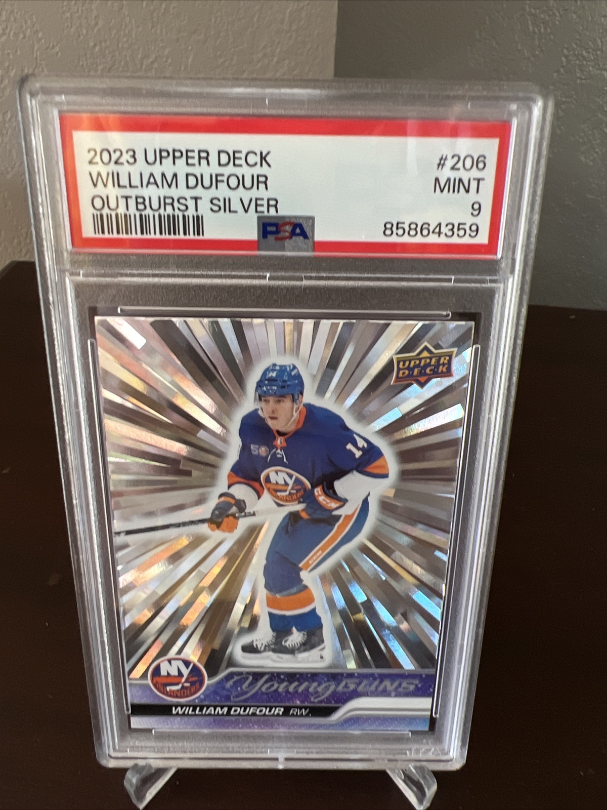 2023-24 Upper Deck Series 1 William Dufour Young Guns Outburst PSA 9
