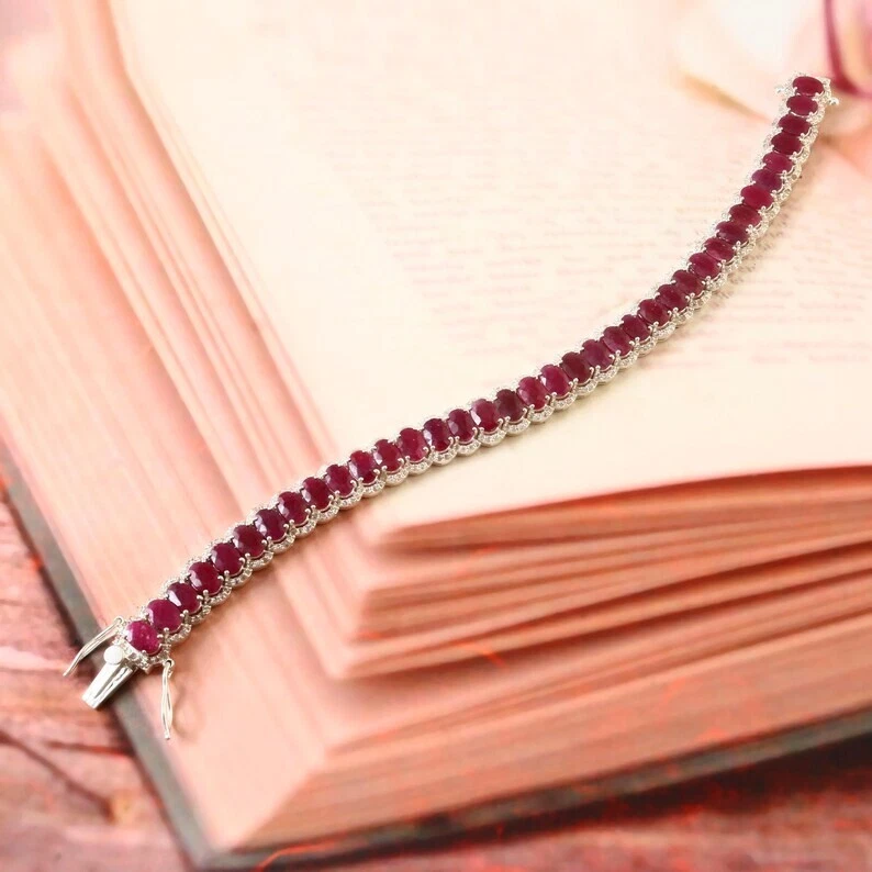 18k Gold Plate 925 Sterling Silver Natural Ruby Oval Cut Tennis Bracelet for Her - Image 2 of 4
