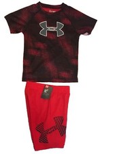 Under Armour Big Logo Printed Tee  Shorts Red Lot Size 4