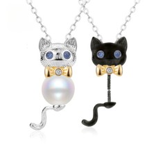 Cute Sterling Silver Bow Cat Pearl Pendant Setting for 10mm Beads Best Gift Diy