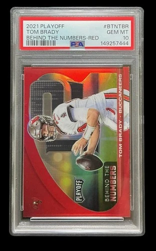 2021 panini playoff #TBR tom brady; red SSP behind numbers prizm PSA 10  (POP 6)
