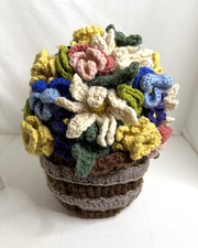 Handcrafted Crocheted Flowers in Crocheted Basket with Handles 13" T x 11" Dia.