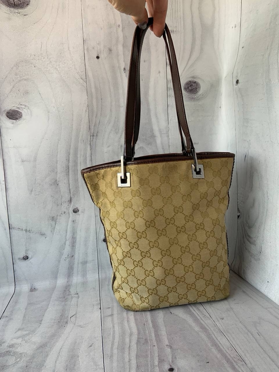 Gucci Brown Leather Logo Canvas Tote Bag for Women-image