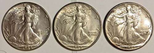 Beautiful Lot, 3 AU 1942-P Walking Liberty Silver Half Dollars, Feather details