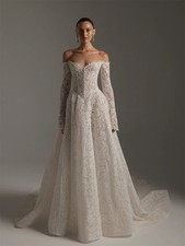 White Off Shoulder Wedding Dress Long Sleeves Zip Back A-Line Train Bridal Gowns