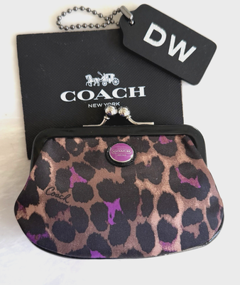 NWT COACH VIOLET/MULTI OCELOT LEOPARD KISSLOCK FRAME COIN PURSE
