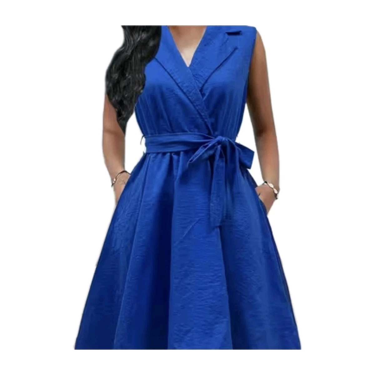 Light Linen Blue Sleeveless Dress Casual Womens Summer Dresses Casual V  Neck Short Sleeve A-Line