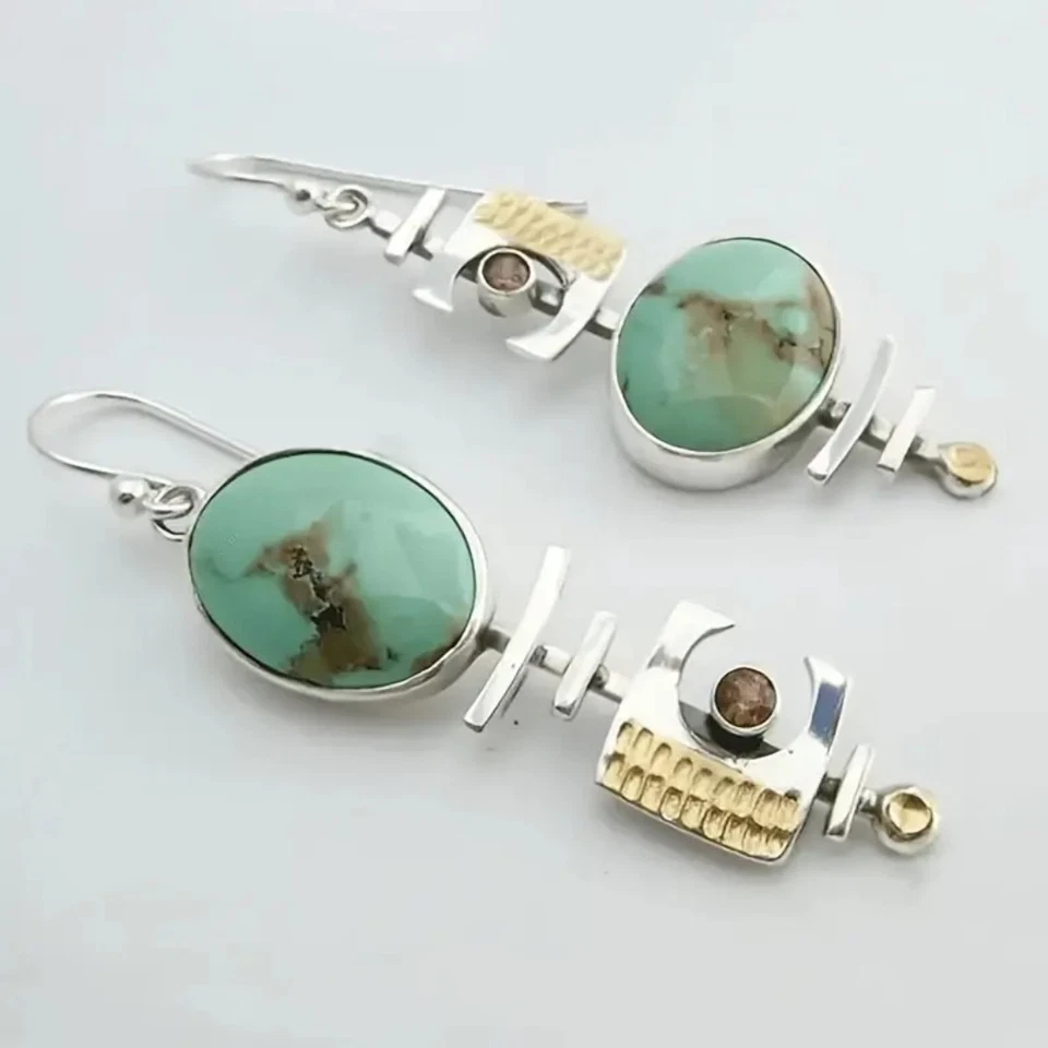 Pendientes asimétricos boho-chic enchapados en oro blanco imitación turquesa colgantes Foto 4 de 4