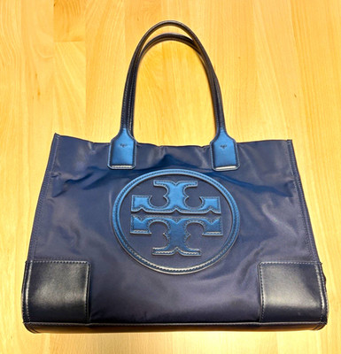 Tory Burch Navy Tote Bag Logo Accents Zip Pocket Snap Zip Double Handles Gold