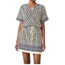 Tory Burch Amara Dress Women's - XS 100% Pima Cotton Drawstring Ivory Black/Blue
