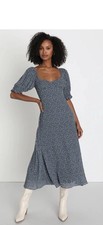 LULUS Perfect Aura Blue Floral Print Plisse Tie-Back Midi Dress Size Large