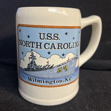 VTG USS North Carolina Mug Beer Stein Wilmington NC US Navy Battleship w Sticker
