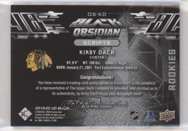 2019-20 SPx UD Black Obsidian Script Rookies Kirby Dach #OS-KD Rookie Auto RC - Image 2 of 2