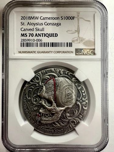 NGC MS70 Cameroon 2018 St. Aloysius Gonzaga Carved Skull Silver Coin 1oz COA