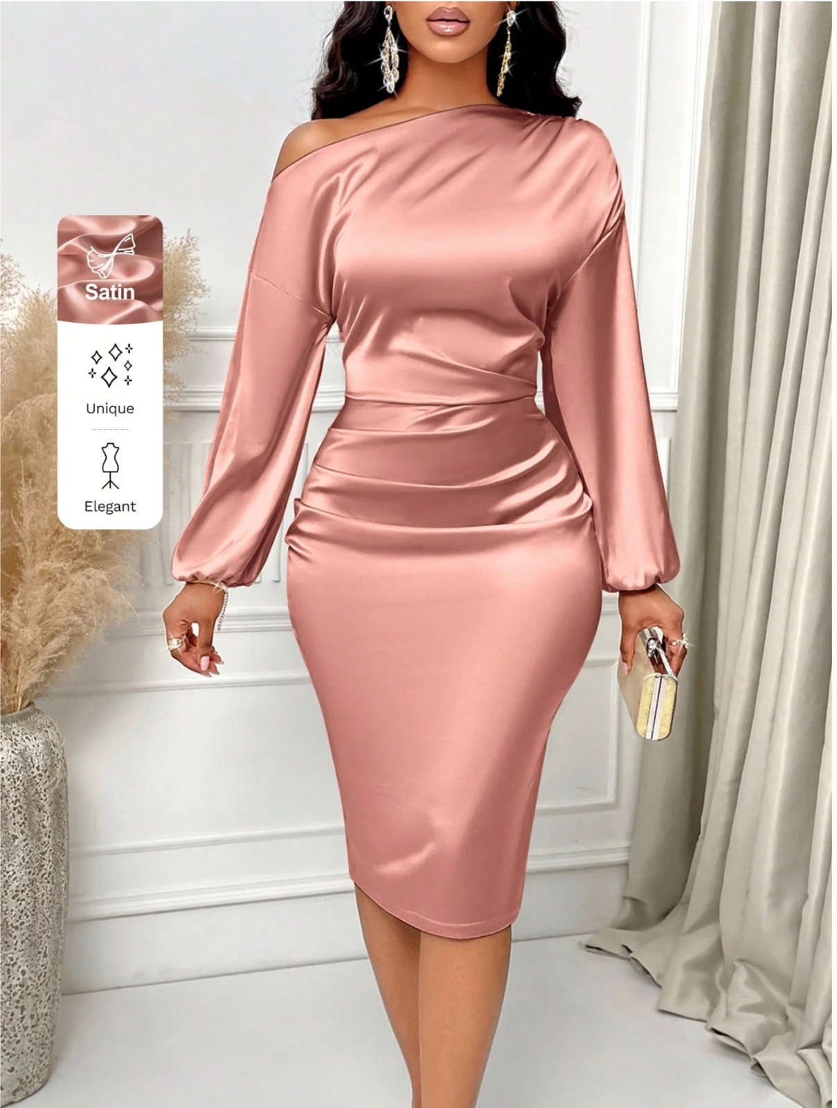 Maxi Vestido ceñido al cuerpo de satén lateral acanalado escote asimétrico SOLERSUN para mujer